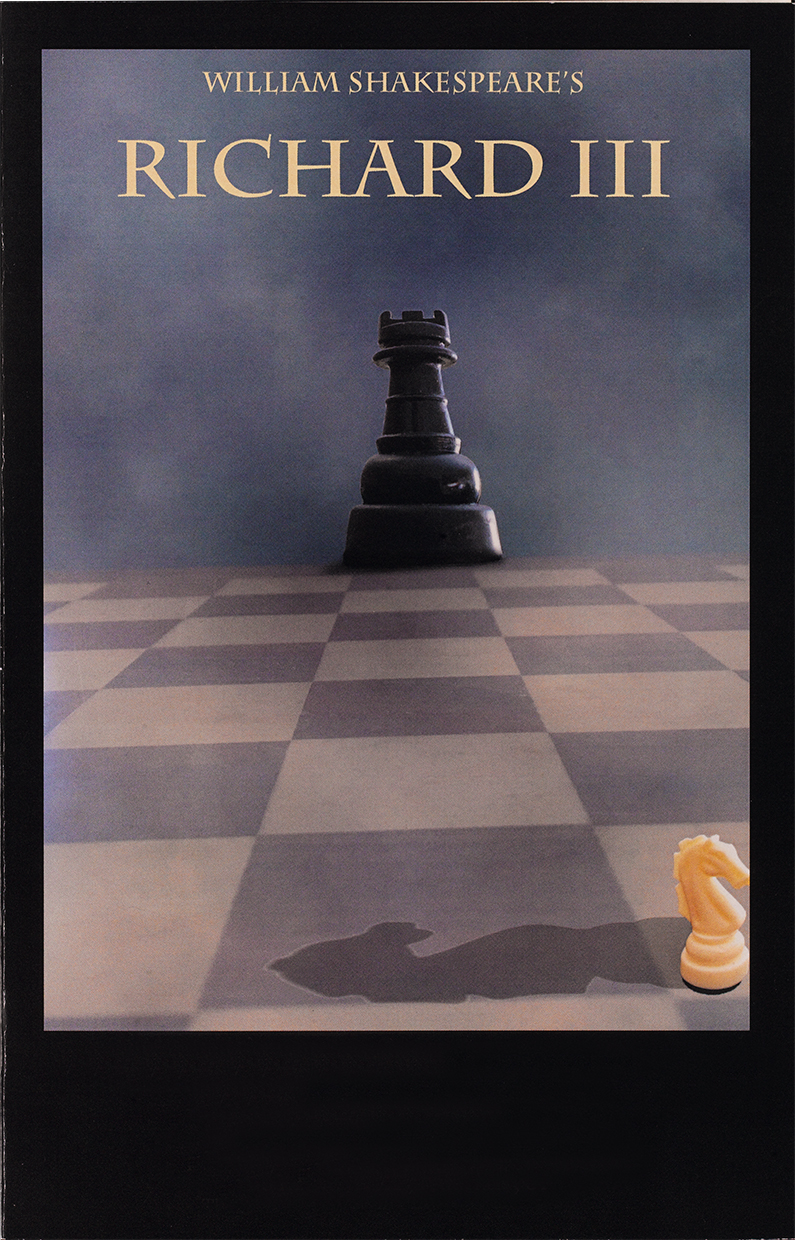 Book cover for Shakespeare's Richard III play showing chess pieces rook and knight on stylized chess board.