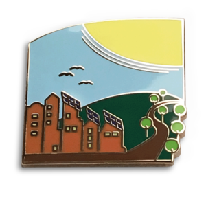 Pin face showing sun shining on pak and city buildings with solar panels on roofs