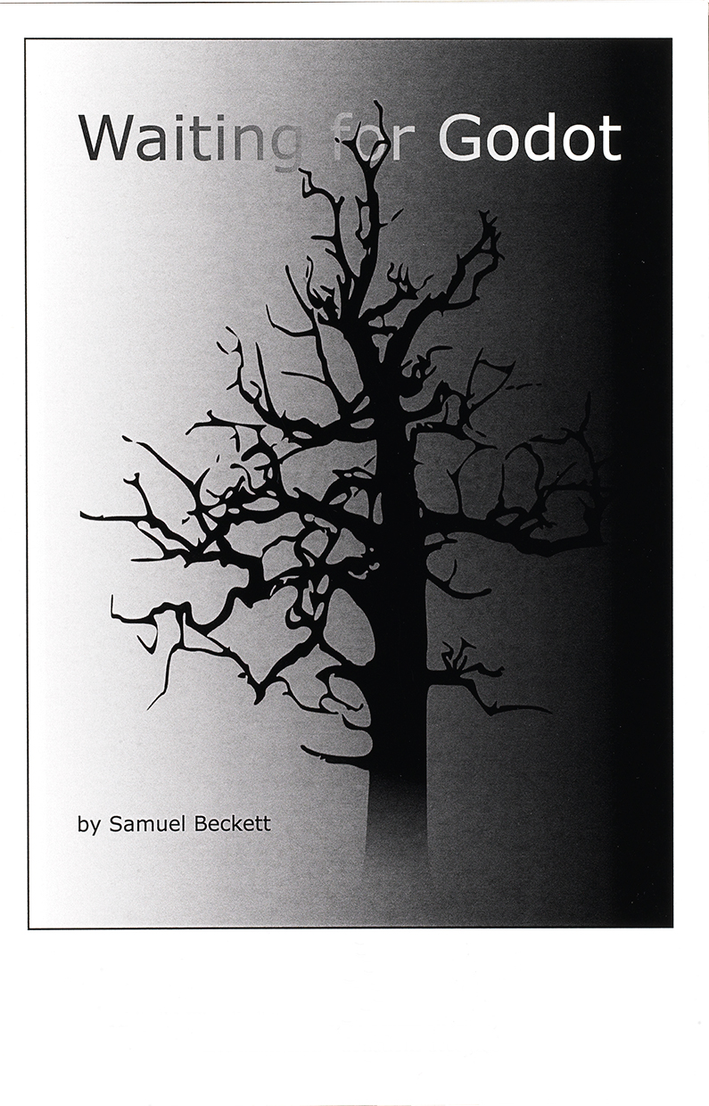 Book cover for Samuel Beckett's Waiting for Godot play showing leafless tree silhouette.