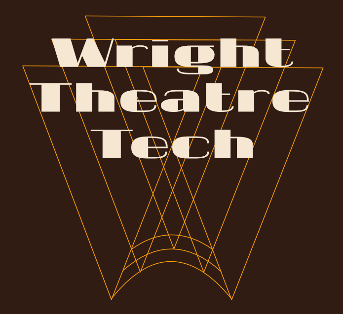 Logo for Wright Theatre Tech with Art Deco style font and lines simulating spotlights on dark stage